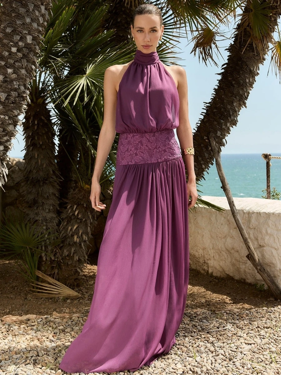 Halter Neck Backless Chiffon Maxi Dress Women Lace Waistband Tie Flowy Bridesmaid Gown Purple Beach Vacation Guest Formal Dress
Halter Neck Backless Chiffon Maxi Dress Women Lace Waistband Tie Flowy Bridesmaid Gown Purple Beach Vacation Guest Formal Dress