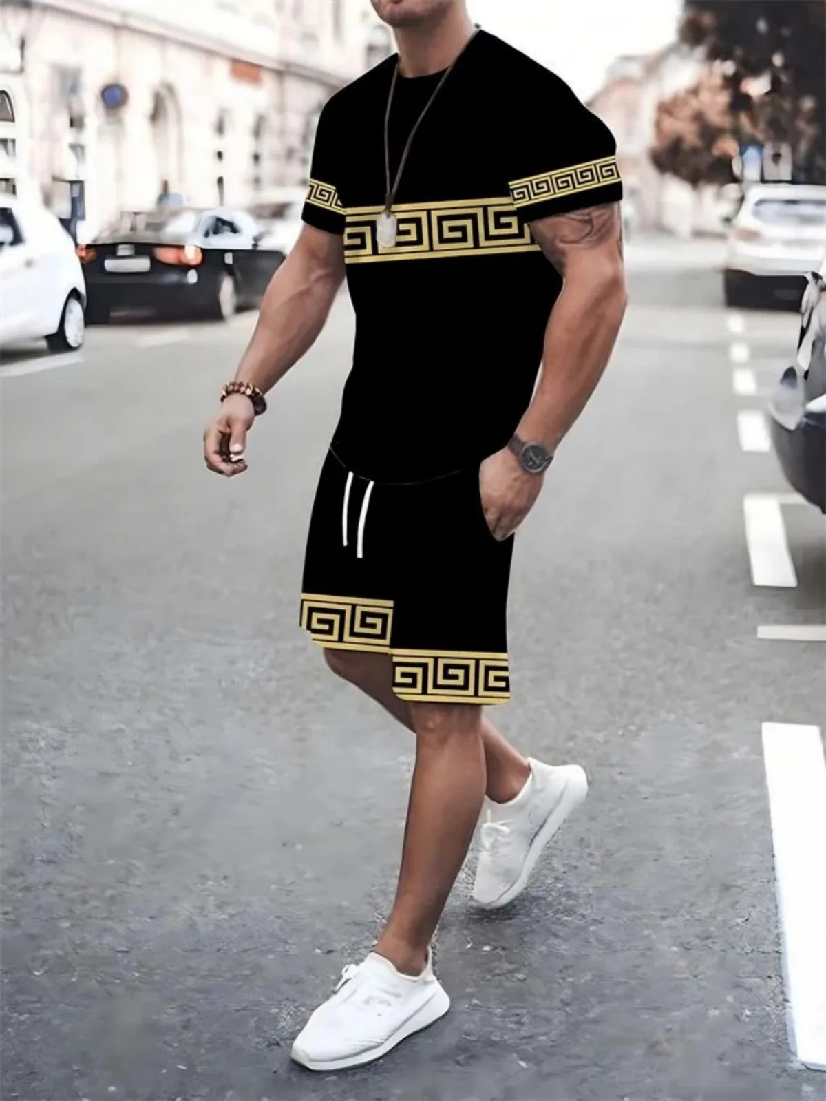 Men's summer personalized striped print comfortable breathable round neck T-shirt drawstring shorts set outdoor streetwear
Men's summer personalized striped print comfortable breathable round neck T-shirt drawstring shorts set outdoor streetwear