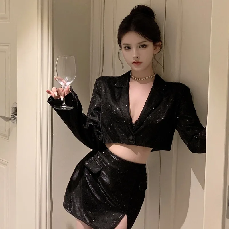 Pure Sexy Suit Women's Summer V-neck Long-sleeved Short Coat Slim Split Short Skirt Two-piece Set Fashion Female Clothes
Pure Sexy Suit Women's Summer V-neck Long-sleeved Short Coat Slim Split Short Skirt Two-piece Set Fashion Female Clothes