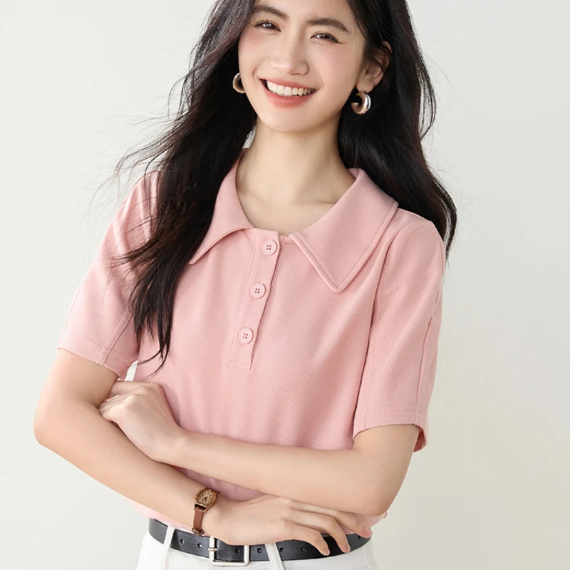 Pink Blouses for Women Fashion 2025 Vintage Polo-Neck Short Sleeved T-shirt Korean Summer Female Clothing Solid Basic Women Tops
Pink Blouses for Women Fashion 2025 Vintage Polo-Neck Short Sleeved T-shirt Korean Summer Female Clothing Solid Basic Women Tops