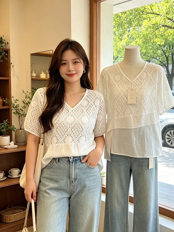 plus Size Hollow out Splice Short Sleeve T-Shirt Women's Summer New V-Neck Loose Belly Cover Slimming Fake Two-Piece Top
plus Size Hollow out Splice Short Sleeve T-Shirt Women's Summer New V-Neck Loose Belly Cover Slimming Fake Two-Piece Top