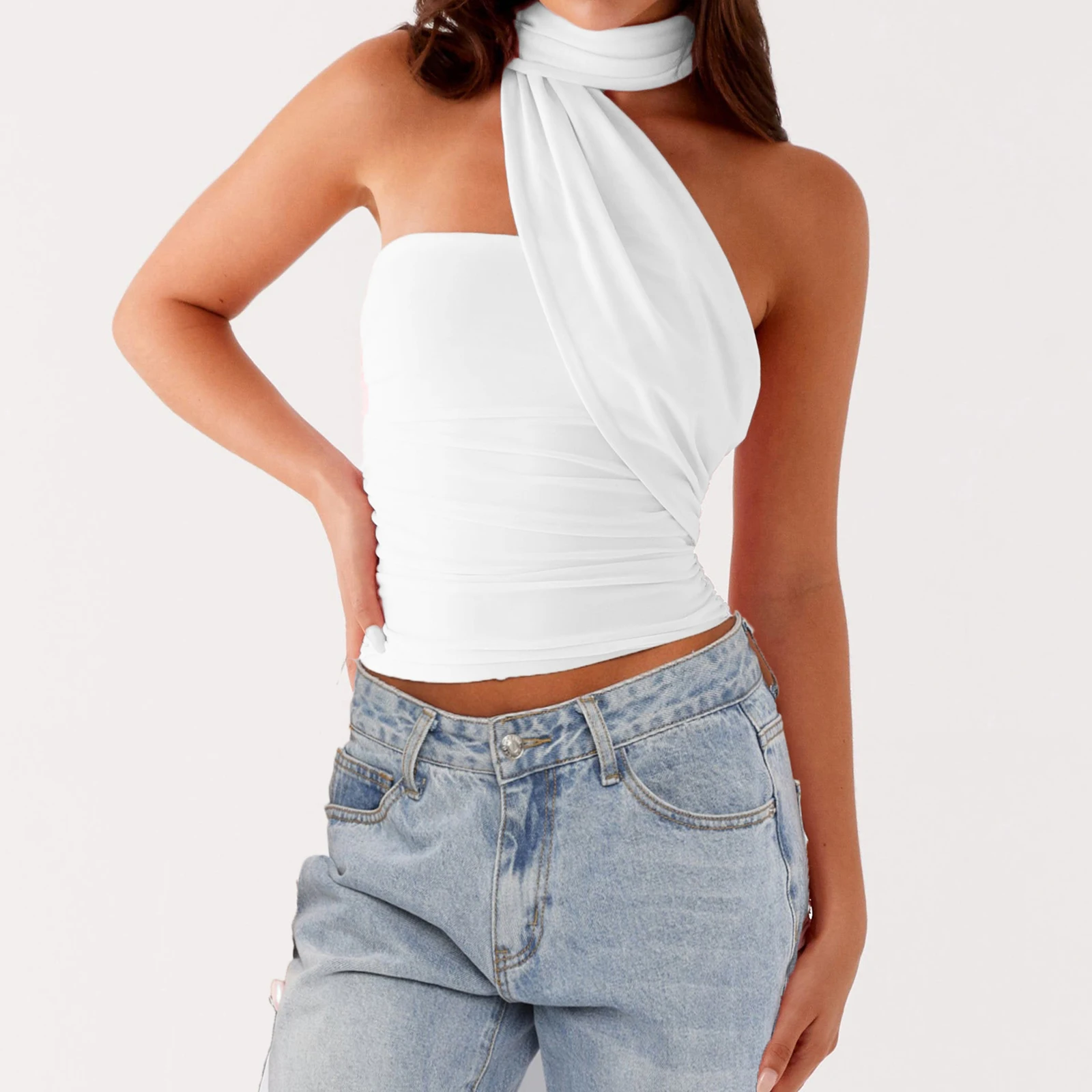 Women Ruched Halter Neck Tops Slim Leopard Print/Solid Color Sleeveless Open Back Shirts For Beach Vacation Outdoor 
Women Ruched Halter Neck Tops Slim Leopard Print/Solid Color Sleeveless Open Back Shirts For Beach Vacation Outdoor