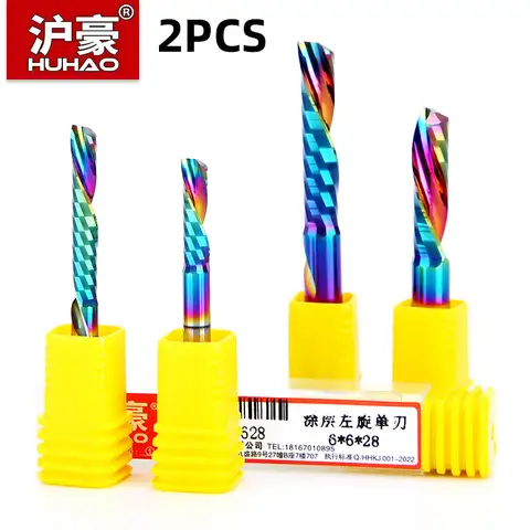HUHAO 2PCS Single Flute Spiral Milling Cutter Cut down Cutter for Aluminum PVC MDF Cutter DLC Coating Engraving Bits CNC Tool