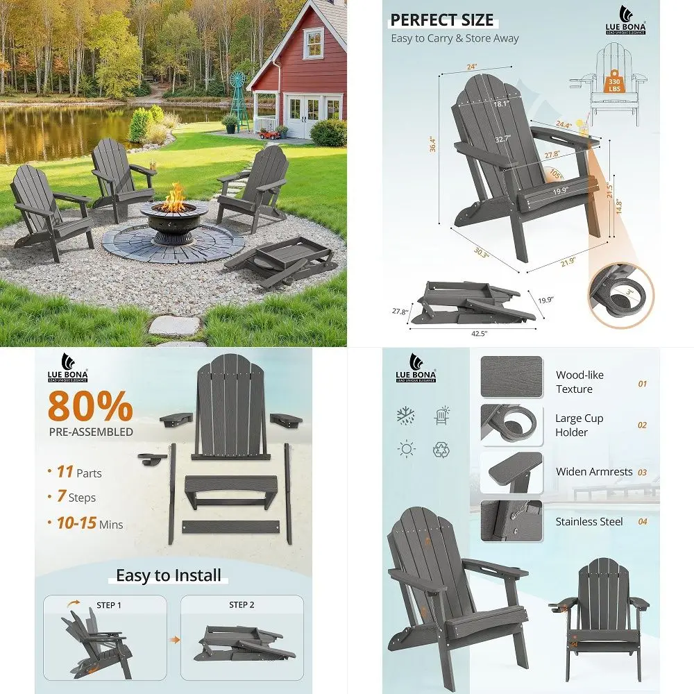 Folding Adirondack Chair, Chairs Set of 8, Cup Holder, Woodgrain, Fire Pit, Patio, Pool, Dark Grey
Folding Adirondack Chair, Chairs Set of 8, Cup Holder, Woodgrain, Fire Pit, Patio, Pool, Dark Grey