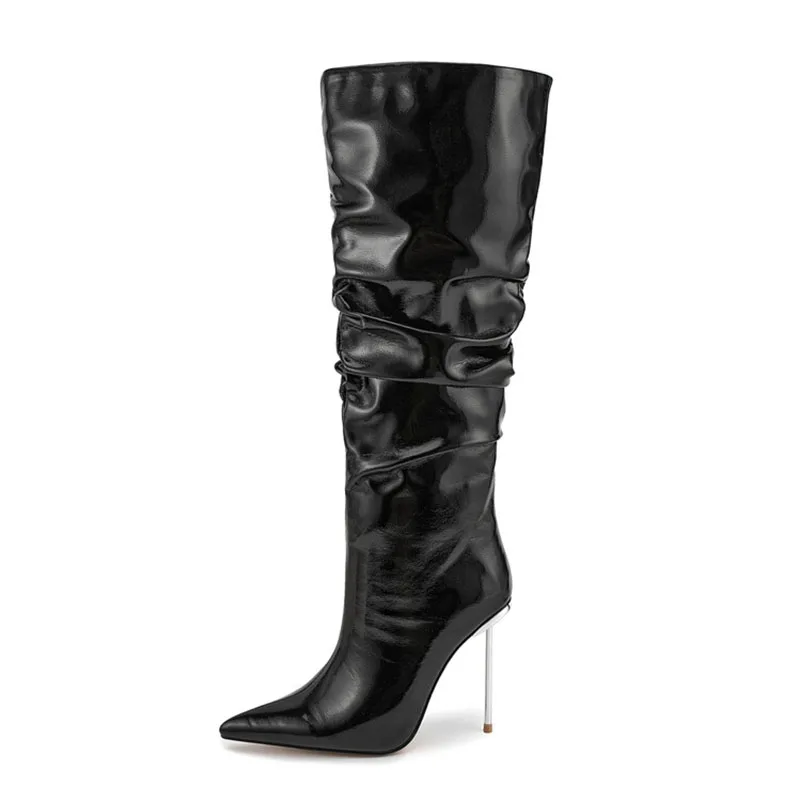 Arden Furtado Autumn PU leather Pointed Side zipper Metal super high heel Middle boots Pleated Extra large size Modern boots
Arden Furtado Autumn PU leather Pointed Side zipper Metal super high heel Middle boots Pleated Extra large size Modern boots
