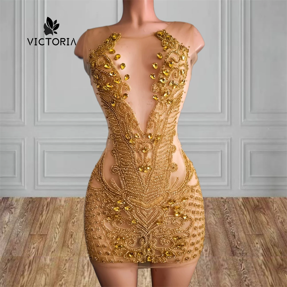 Alluring Golden O Neck Crystal Beading Mini Mermaid Prom Dresses Black Girls Mesh Rhinestones Cocktail Dress African Customized
Alluring Golden O Neck Crystal Beading Mini Mermaid Prom Dresses Black Girls Mesh Rhinestones Cocktail Dress African Customized