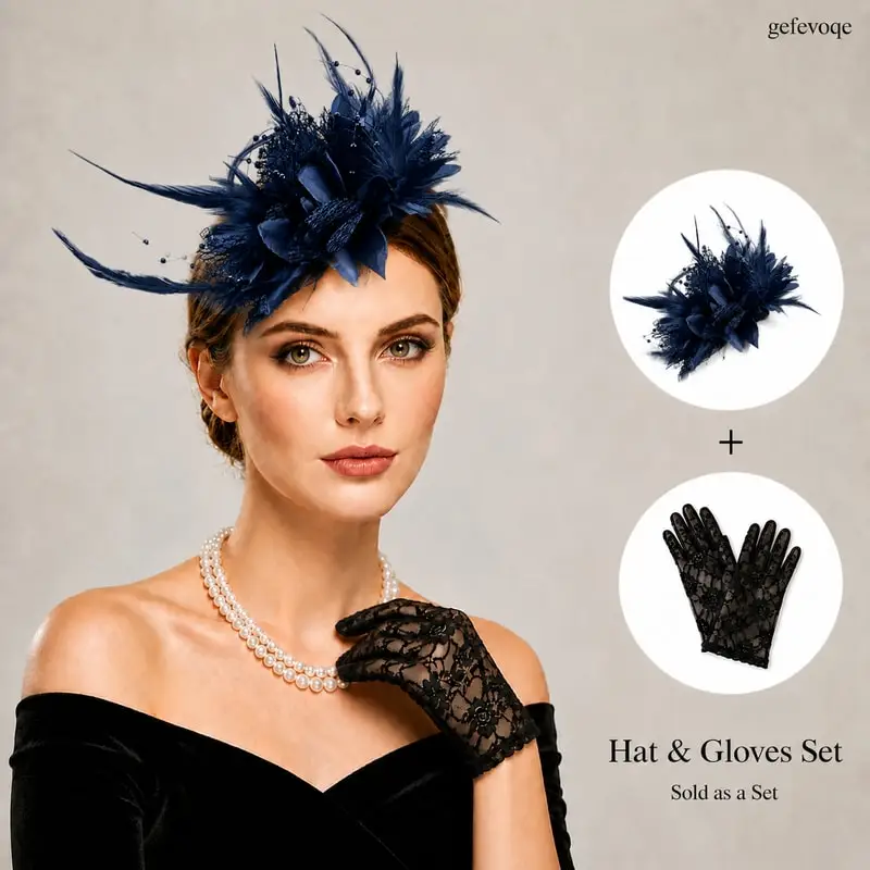 2Pcs Elegant Feather Fascinator Hat with Short Lace Gloves Set Retro Bridal Hair Accessories for Cosplay Costume Party
2Pcs Elegant Feather Fascinator Hat with Short Lace Gloves Set Retro Bridal Hair Accessories for Cosplay Costume Party