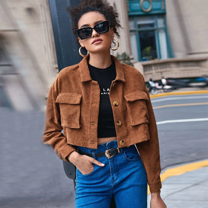 Autumn Corduroy Crop Jacket Women Pocket Long Sleeves Outwear Brown Long Sleeves Short Coats Korean Street Wear Clothes New
Autumn Corduroy Crop Jacket Women Pocket Long Sleeves Outwear Brown Long Sleeves Short Coats Korean Street Wear Clothes New
