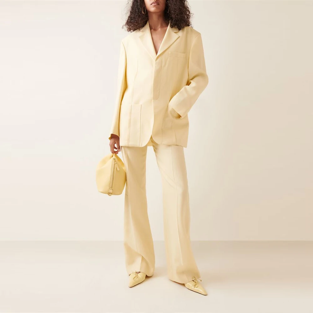 Fashion Yellow 2 Pieces Suit Set for Women Notch Lapel Jacket Flare Pants Sets Loose Fit Office Business Banquet Female Clothing
Fashion Yellow 2 Pieces Suit Set for Women Notch Lapel Jacket Flare Pants Sets Loose Fit Office Business Banquet Female Clothing