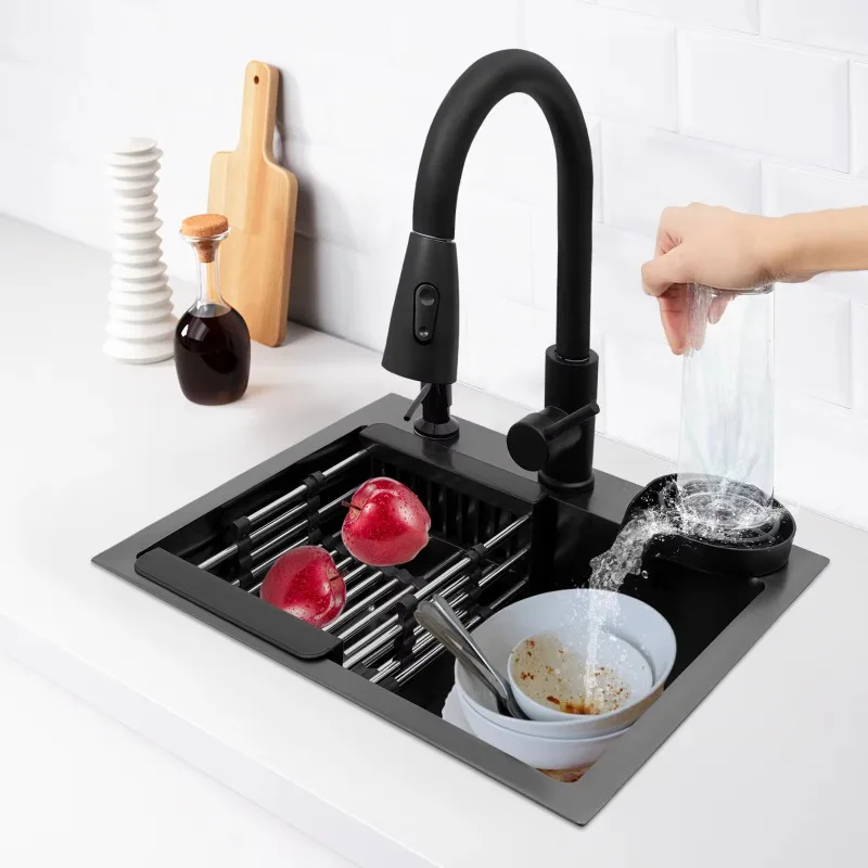 【Best Choice】45x40cm Black Kitchen Sink Multi-functional with Pull-Out Faucet, Cup Rinser, Basket, Soap, Stainless Steel Single
【Best Choice】45x40cm Black Kitchen Sink Multi-functional with Pull-Out Faucet, Cup Rinser, Basket, Soap, Stainless Steel Single