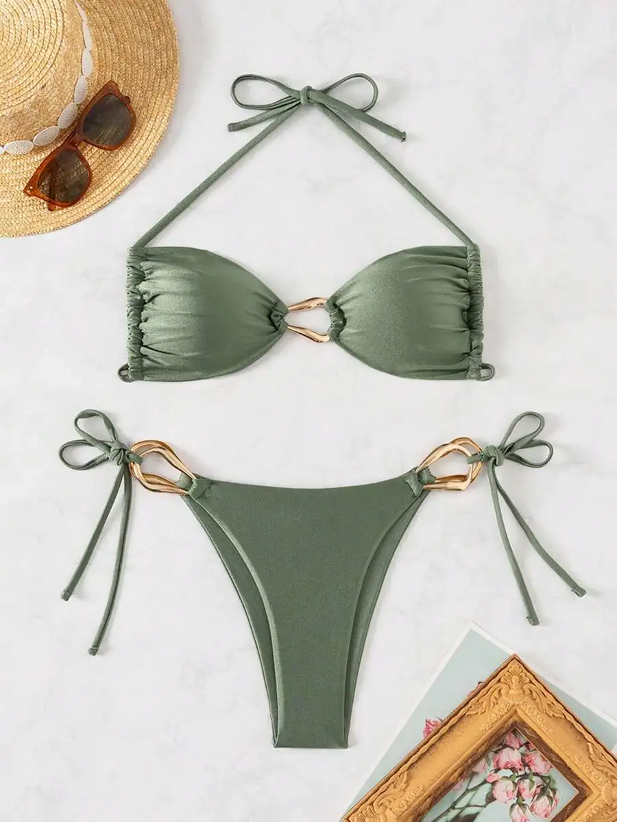 Olive Green Halter Tie Bikini Set With Gold Tone Ring Detail For Summer Beach Vacation
Olive Green Halter Tie Bikini Set With Gold Tone Ring Detail For Summer Beach Vacation