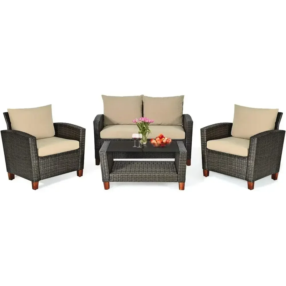 4-Piece Outdoor Wicker Patio Furniture Set with Sectional Sofa and Coffee Table for Backyard, Poolside
4-Piece Outdoor Wicker Patio Furniture Set with Sectional Sofa and Coffee Table for Backyard, Poolside