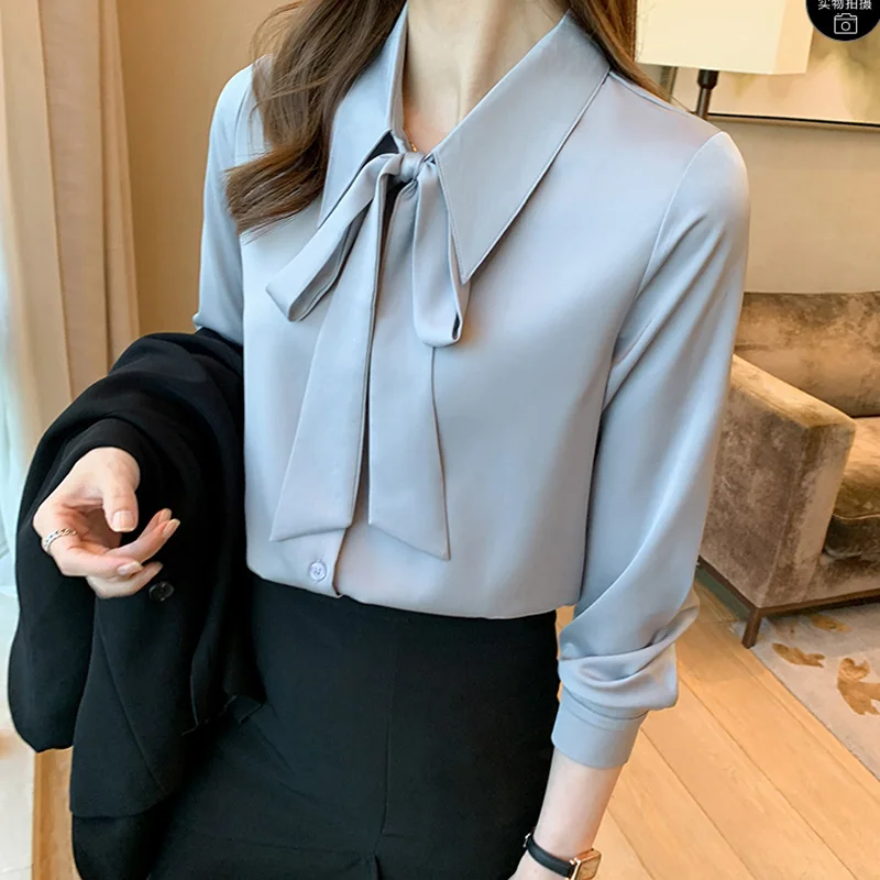 Осенняя элегантная офисная винтажная шифоновая блузка с бантом, женская мода, топы с отложным воротником и длинными рукавами, свободные повседневные женские рубашки 
Осенняя элегантная офисная винтажная шифоновая блузка с бантом, женская мода, топы с отложным воротником и длинными рукавами, свободные повседневные женские рубашки