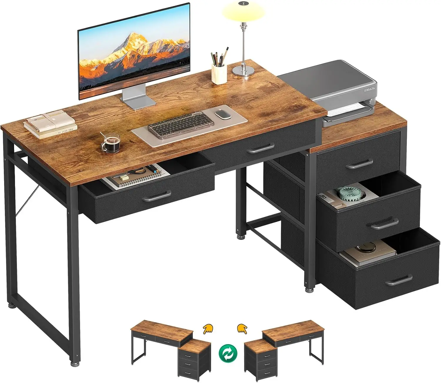 53" Computer Desk with 5 Drawers & Printer Shelf, Reversible Home Office Writing Table, Rustic Brown
53" Computer Desk with 5 Drawers & Printer Shelf, Reversible Home Office Writing Table, Rustic Brown