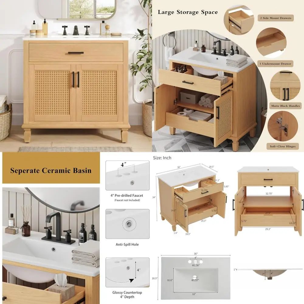 36" rattan modern bathroom vanity with ceramic sink, 2 soft-close doors & 3 drawers
36" rattan modern bathroom vanity with ceramic sink, 2 soft-close doors & 3 drawers