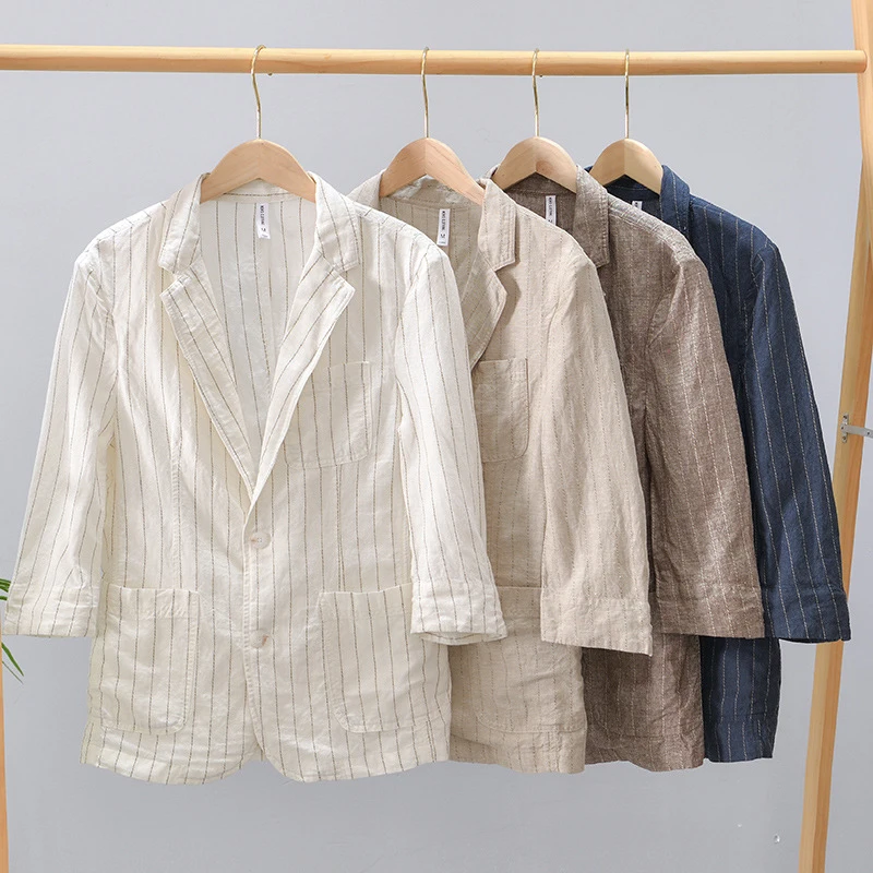 Autumn Striped Cotton Linen Men's Casual Suit Thin Art 3/4 Sleeve Blazer Masculino Fashion Versatile Multi Pocket Costume Homme
Autumn Striped Cotton Linen Men's Casual Suit Thin Art 3/4 Sleeve Blazer Masculino Fashion Versatile Multi Pocket Costume Homme