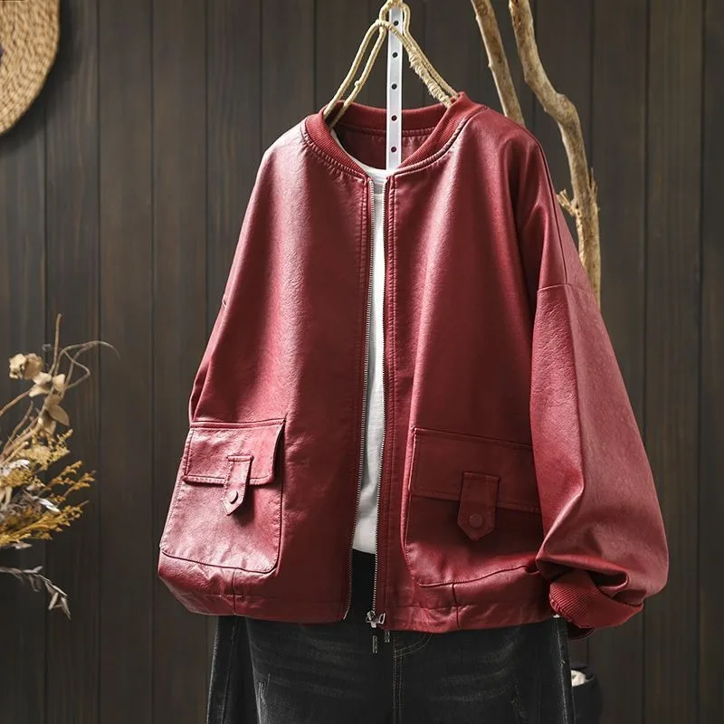 Double Pocket Stand-up Collar Pu Leather Jacket Women's Loose New Thin Spring Autumn Casual Versatile Large-size Baseball Coat
Double Pocket Stand-up Collar Pu Leather Jacket Women's Loose New Thin Spring Autumn Casual Versatile Large-size Baseball Coat