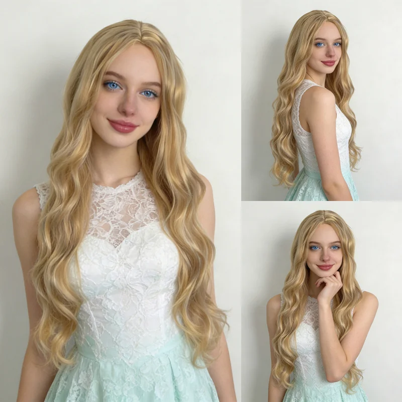 European and American style middle-parted light blonde long wavy synthetic fiber full wig
European and American style middle-parted light blonde long wavy synthetic fiber full wig