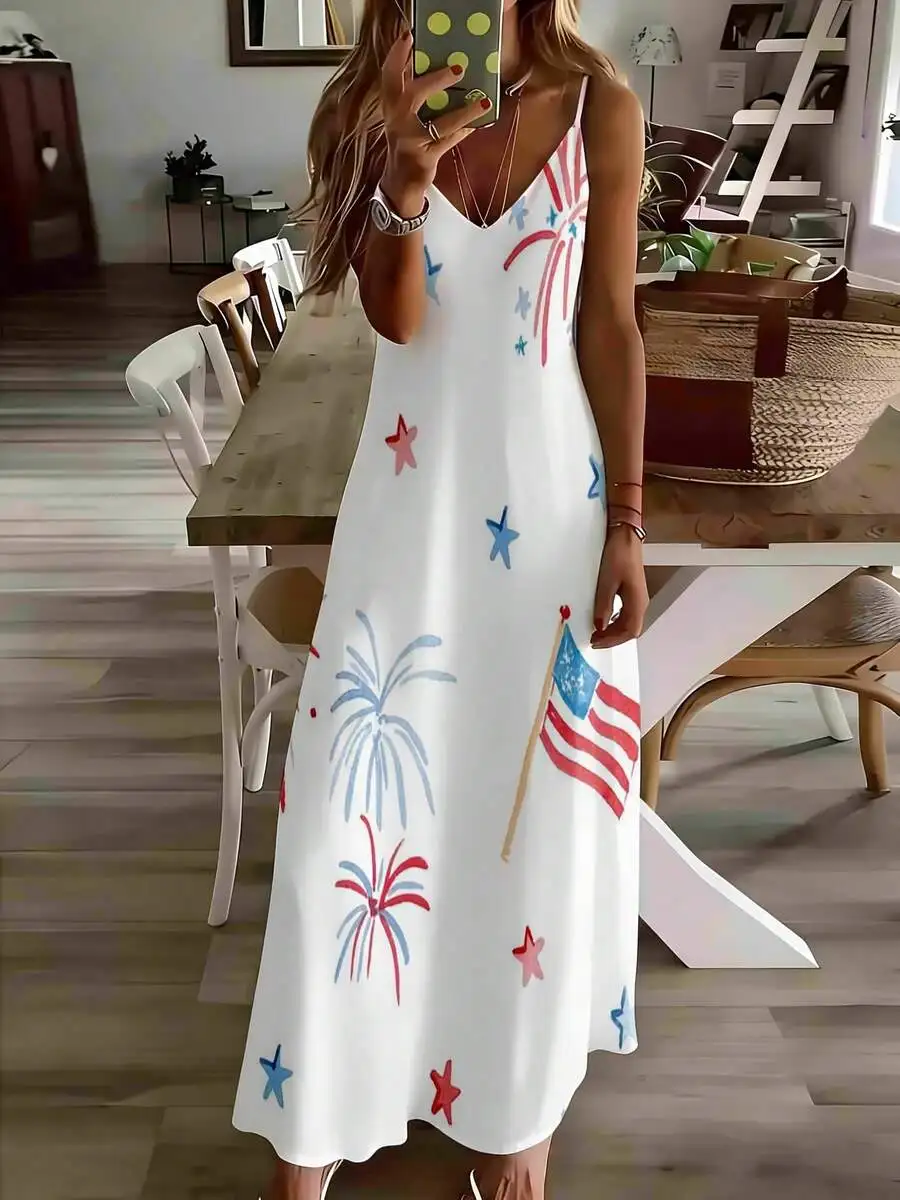 Patriotic Stars Fireworks Print Sleeveless Maxi Dress With American Flag For Independence Day Casual Outdoor
Patriotic Stars Fireworks Print Sleeveless Maxi Dress With American Flag For Independence Day Casual Outdoor