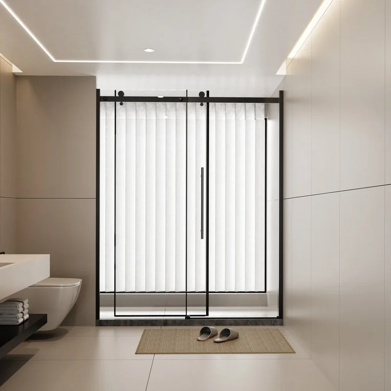 Frameless Sliding Shower Door, 60x72 in, 1/4 in Thick Clear Tempered Glass, Zinc Roller Rail, Stainless Steel Handle, Black Finish
Frameless Sliding Shower Door, 60x72 in, 1/4 in Thick Clear Tempered Glass, Zinc Roller Rail, Stainless Steel Handle, Black Finish