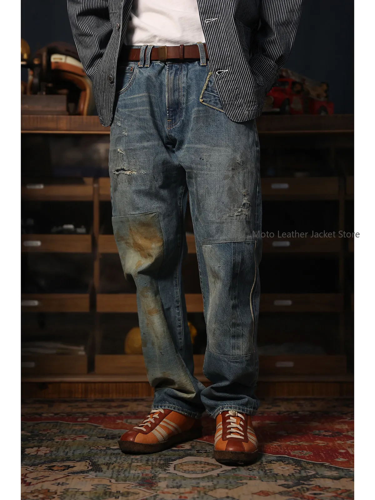 Distressed Denim Jeans Heavy Wash Vintage Destroyed Oil Stain Patch Cut Tapered Denim Pants
Distressed Denim Jeans Heavy Wash Vintage Destroyed Oil Stain Patch Cut Tapered Denim Pants