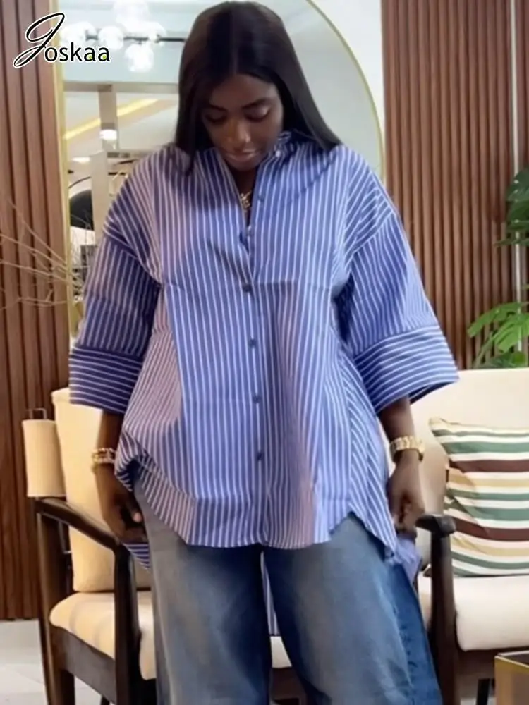 Joskaa Women's 2025 Summer Blue Striped Shirt Casual Lapel Long Sleeve Oversized Blouse Holiday Beach Tops Y2K Streetwear
Joskaa Women's 2025 Summer Blue Striped Shirt Casual Lapel Long Sleeve Oversized Blouse Holiday Beach Tops Y2K Streetwear