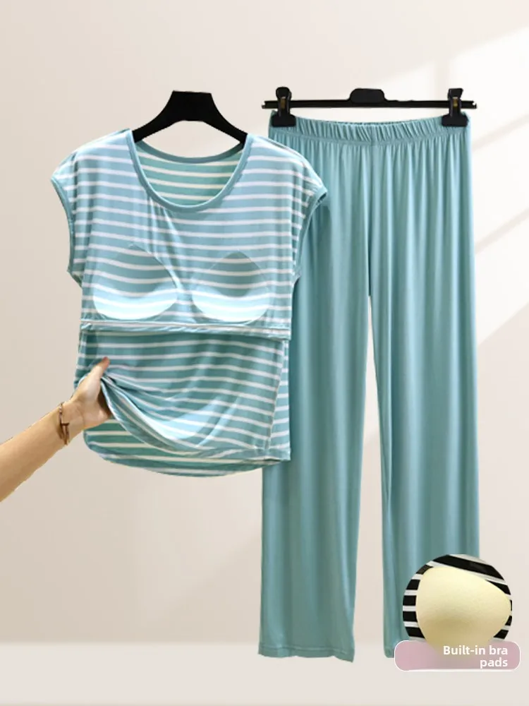 Women's Modal Home Clothes Set with Chest Pad Summer Thin Striped T-shirt Loose plus Size Nightgown Pants Two-piece Set
Women's Modal Home Clothes Set with Chest Pad Summer Thin Striped T-shirt Loose plus Size Nightgown Pants Two-piece Set
