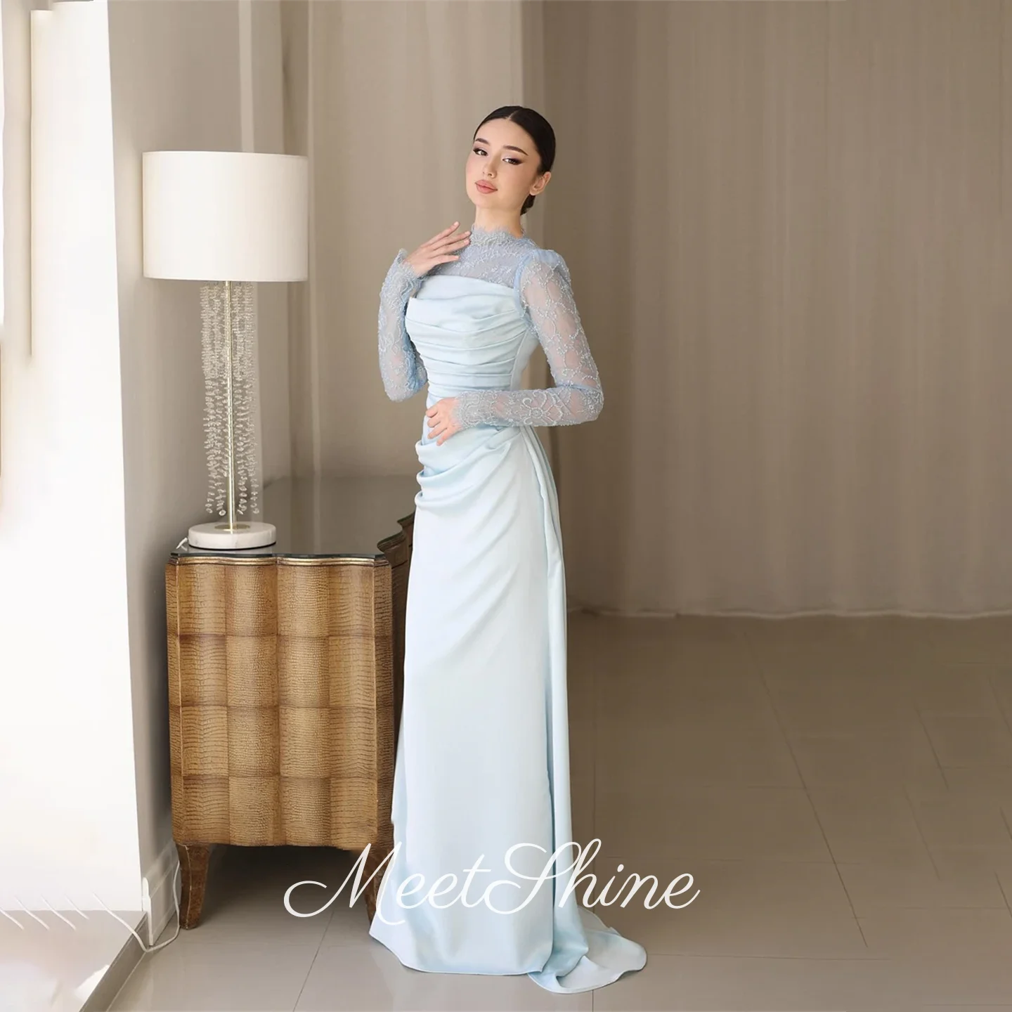 Elegant Sky Blue High Neck Satin Evening Dress Long Sleeve Staright Pleated Lace Prom Dress Saudi Arabia Party Dress Customized
Elegant Sky Blue High Neck Satin Evening Dress Long Sleeve Staright Pleated Lace Prom Dress Saudi Arabia Party Dress Customized