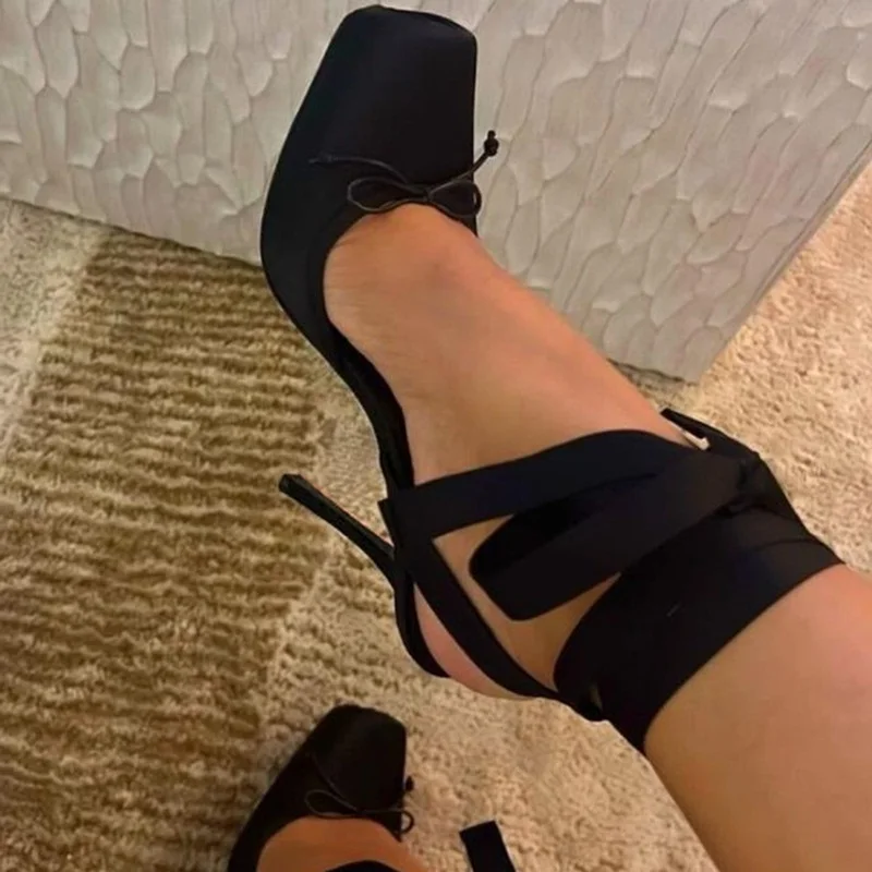Square Toe Lace Up Ballet Shoes Bow Tie Butterfly Satin High Heels Sandals Pink Black Ribbon Cover Heels Slingback Pump
Square Toe Lace Up Ballet Shoes Bow Tie Butterfly Satin High Heels Sandals Pink Black Ribbon Cover Heels Slingback Pump