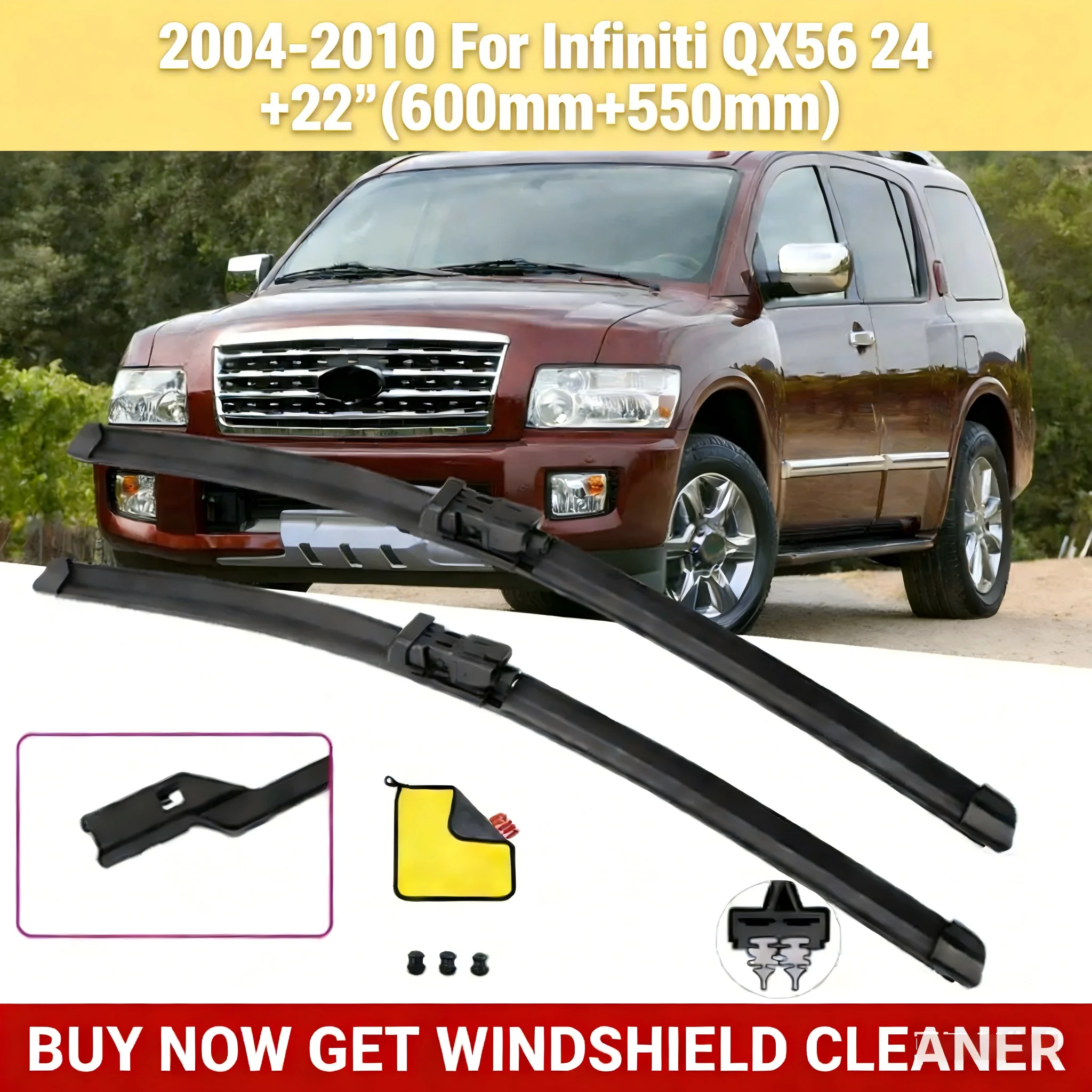 For Infiniti QX56 2004-2010 RHD and LHD front wiper blades 24 inches + 22 inches, windshield front window
For Infiniti QX56 2004-2010 RHD and LHD front wiper blades 24 inches + 22 inches, windshield front window