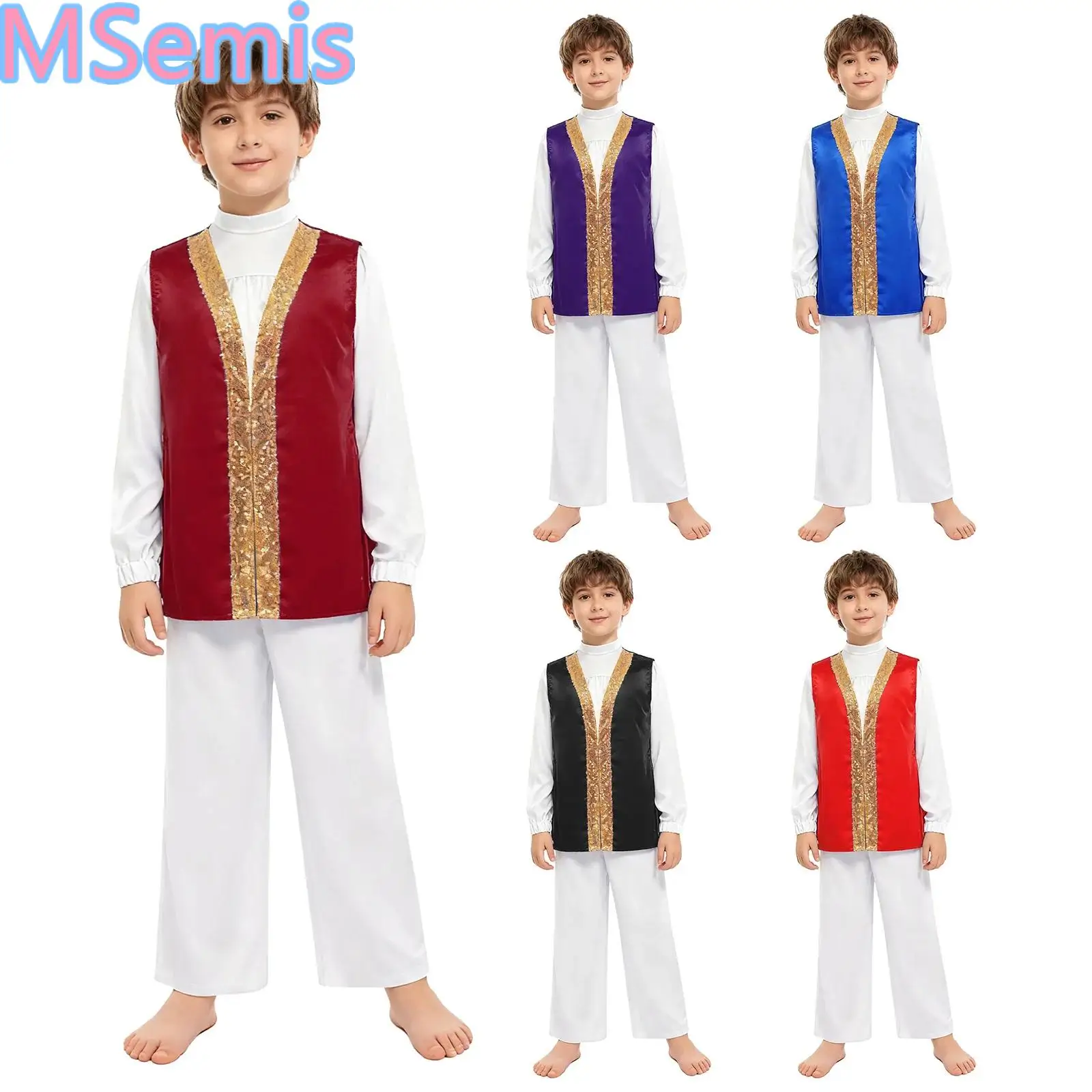 Kids Boys Praise Dance Outfit Long Sleeve Satin Tops with Elastic Waistband Wide-Leg Pants And Sides Split Sequins Robe
Kids Boys Praise Dance Outfit Long Sleeve Satin Tops with Elastic Waistband Wide-Leg Pants And Sides Split Sequins Robe
