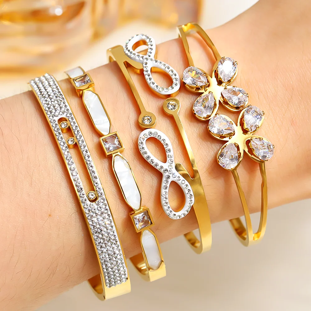 4Pcs/Set Stainless Steel Gold Color Cuff Bracelet Bangle for Women, Flower zircon Infinite symbol Element Exquisite Jewelry Gift
4Pcs/Set Stainless Steel Gold Color Cuff Bracelet Bangle for Women, Flower zircon Infinite symbol Element Exquisite Jewelry Gift