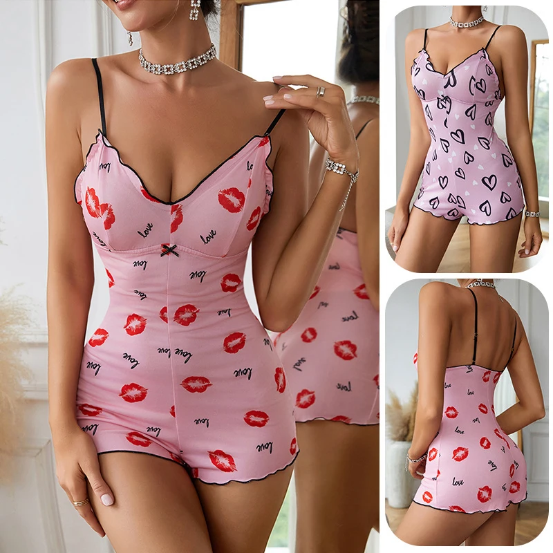 Women's Pajamas One Piece Pajamas Red Lip Printed Sleeveless Pijama Short Onesie Adults V-Neck Suspenders Funny Pajamas Bodysuit
Women's Pajamas One Piece Pajamas Red Lip Printed Sleeveless Pijama Short Onesie Adults V-Neck Suspenders Funny Pajamas Bodysuit