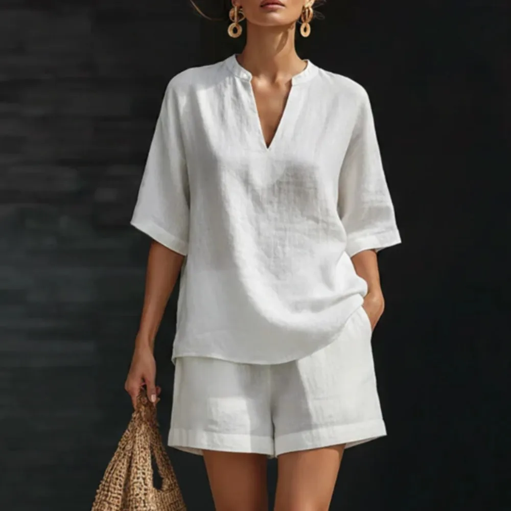 Summer Solid Casual Linen Two Piece Sets Women Sexy V Neck Short Sleeve Loose Top + Wide Leg Shorts Set Boho Beach Outfits
Summer Solid Casual Linen Two Piece Sets Women Sexy V Neck Short Sleeve Loose Top + Wide Leg Shorts Set Boho Beach Outfits