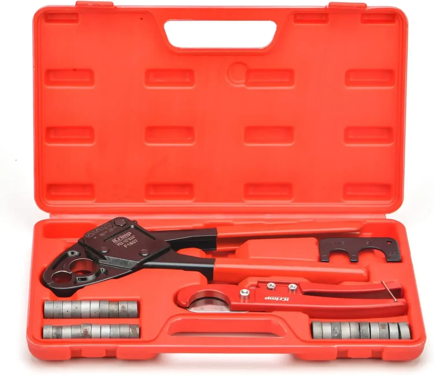 PEX Crimping Tool Kit with Cutter and Gauge for 1/2" & 3/4" Copper Rings, Fits US Standards
PEX Crimping Tool Kit with Cutter and Gauge for 1/2" & 3/4" Copper Rings, Fits US Standards