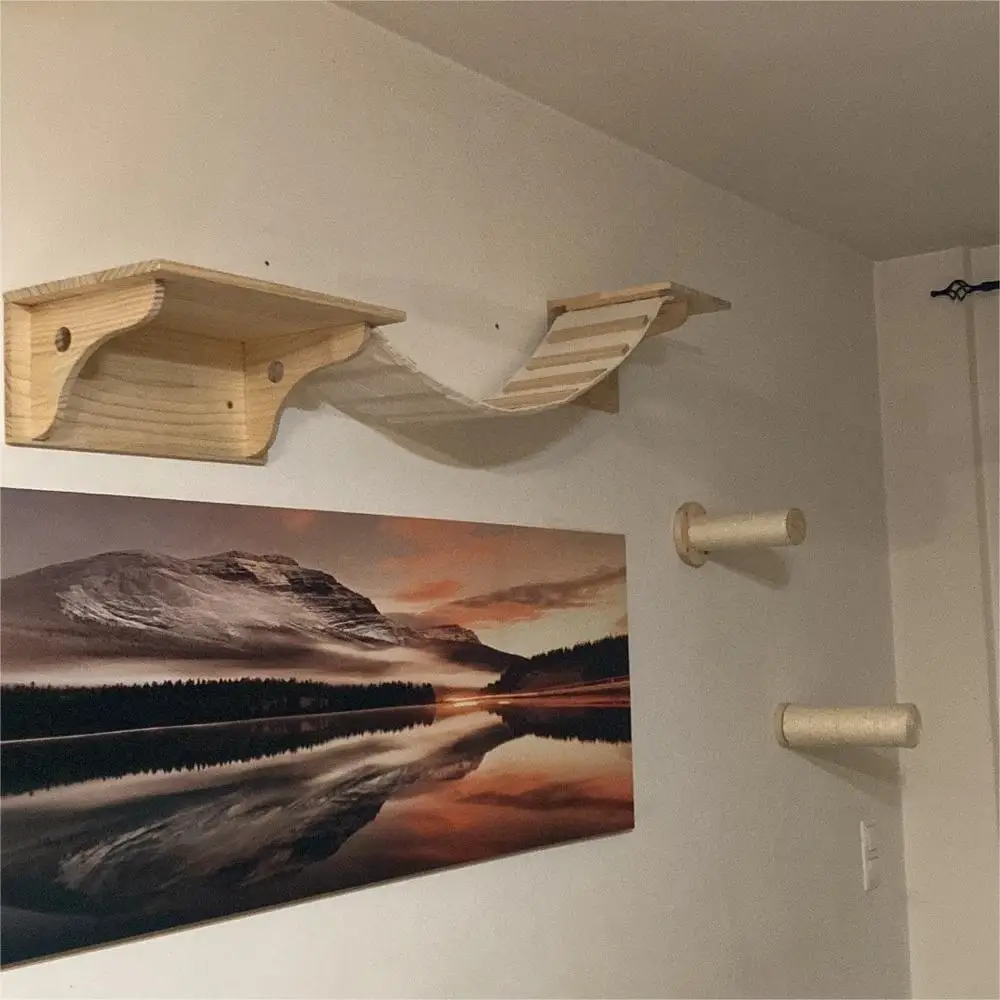 Solid Wooden Cat Wall Mounted Cat Climbing Shelves Scratching Post Cat Hammock Platform and Watch Tower for Kitten Perching 
Solid Wooden Cat Wall Mounted Cat Climbing Shelves Scratching Post Cat Hammock Platform and Watch Tower for Kitten Perching