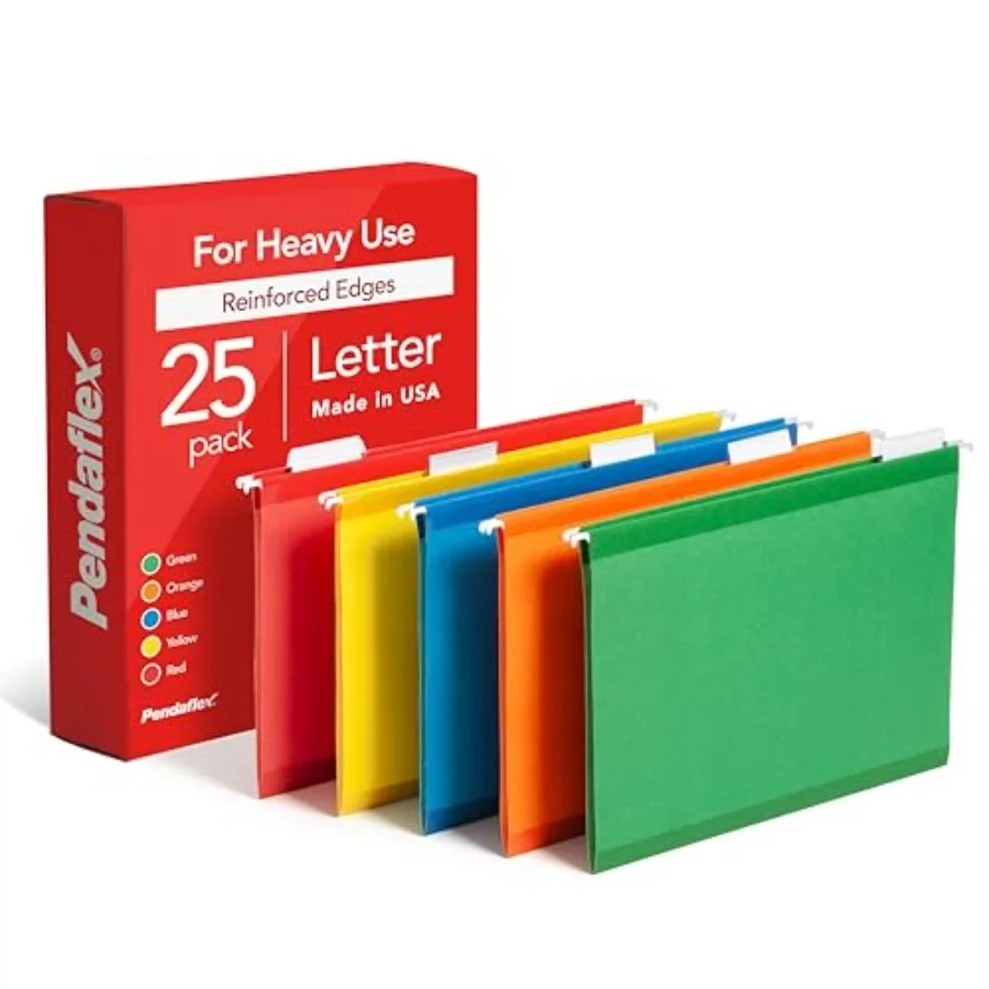 Hanging File Folders, 25 Pack, Size 8.5" x 11",Assorted Colors: Green, Blue, Red, Yellow, Orange, 5 Tab Positions, Reinforced,
Hanging File Folders, 25 Pack, Size 8.5" x 11",Assorted Colors: Green, Blue, Red, Yellow, Orange, 5 Tab Positions, Reinforced,