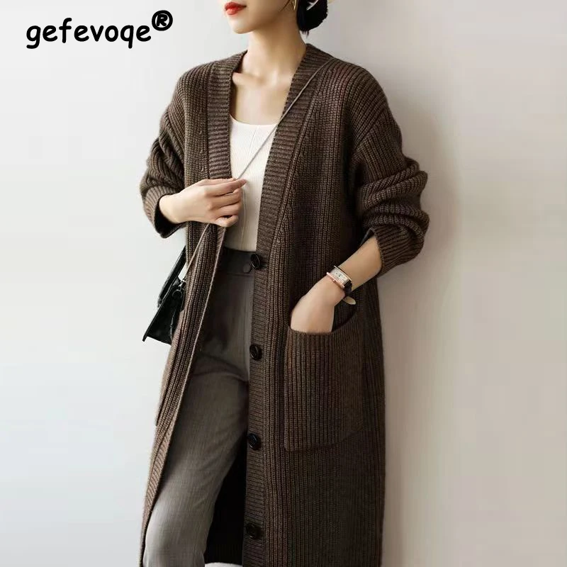 Women Korean Fashion Vintage Minimalist Thick Medium Length Knitted Cardigan Elegant Solid Long Sleeve Loose Sweater Outerwears
Women Korean Fashion Vintage Minimalist Thick Medium Length Knitted Cardigan Elegant Solid Long Sleeve Loose Sweater Outerwears