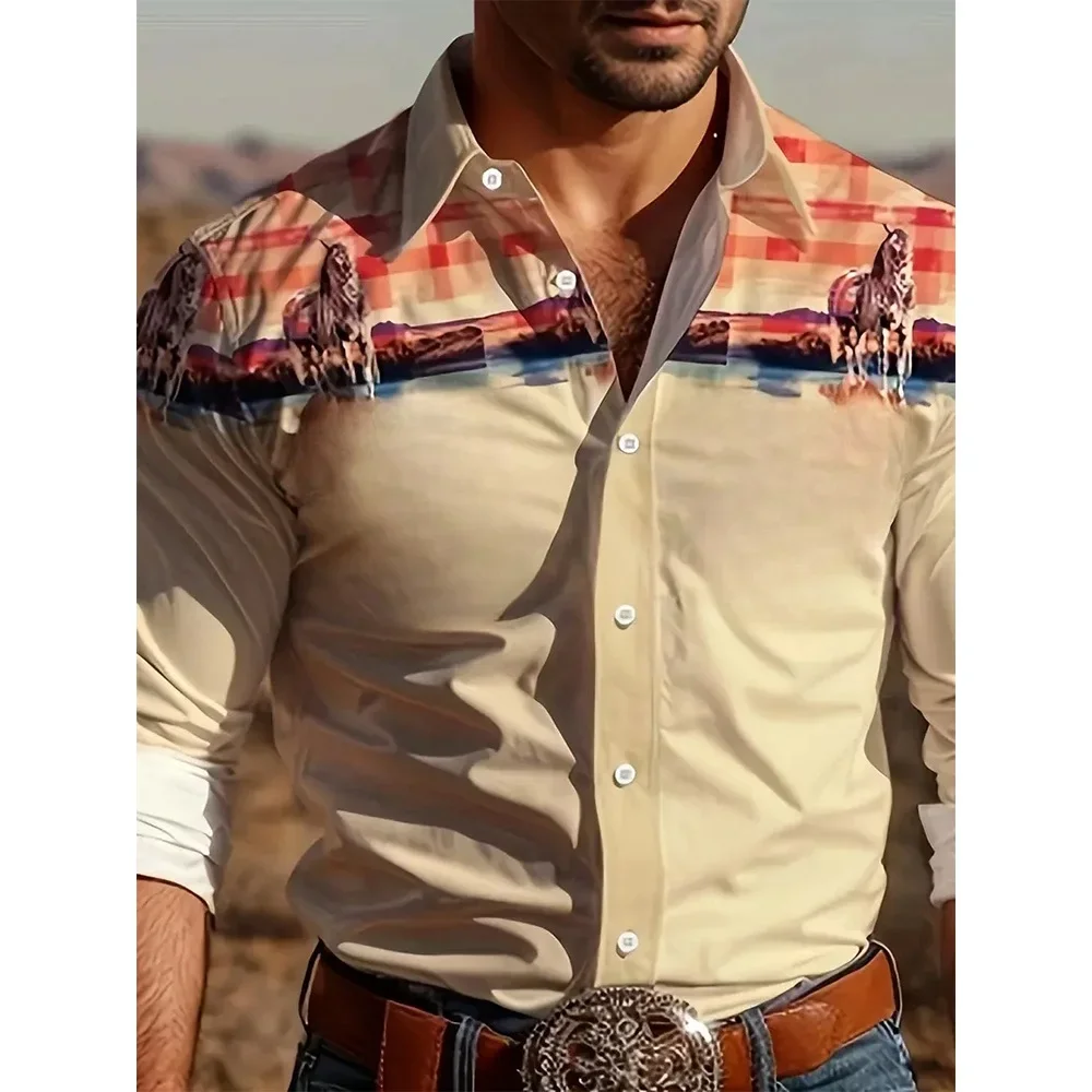 Yellowstone Western Denim Shirt Plaid and horse print vintage men's lapel button shirt Modern casual long-sleeved shirt
Yellowstone Western Denim Shirt Plaid and horse print vintage men's lapel button shirt Modern casual long-sleeved shirt