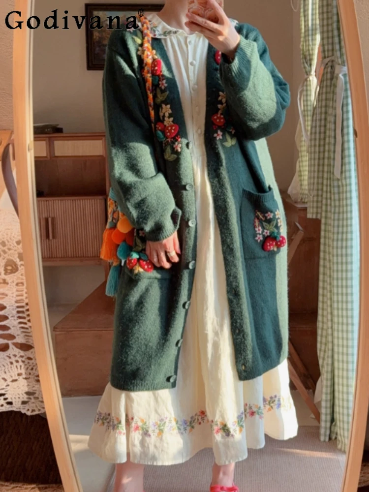 Autumn Winter Ethnic Style Handmade Embroidered Wool Sweater Loose Sweet Girls Fashion Age Reduction Medium Long Knitted Tops
Autumn Winter Ethnic Style Handmade Embroidered Wool Sweater Loose Sweet Girls Fashion Age Reduction Medium Long Knitted Tops