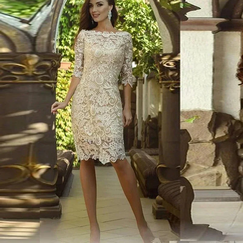 Elegant Champagne Short Mother of The Bride Dresses Boat Neck Half Sleeves Lace Wedding Formal Guest Party Dress Robe De Soiree
Elegant Champagne Short Mother of The Bride Dresses Boat Neck Half Sleeves Lace Wedding Formal Guest Party Dress Robe De Soiree