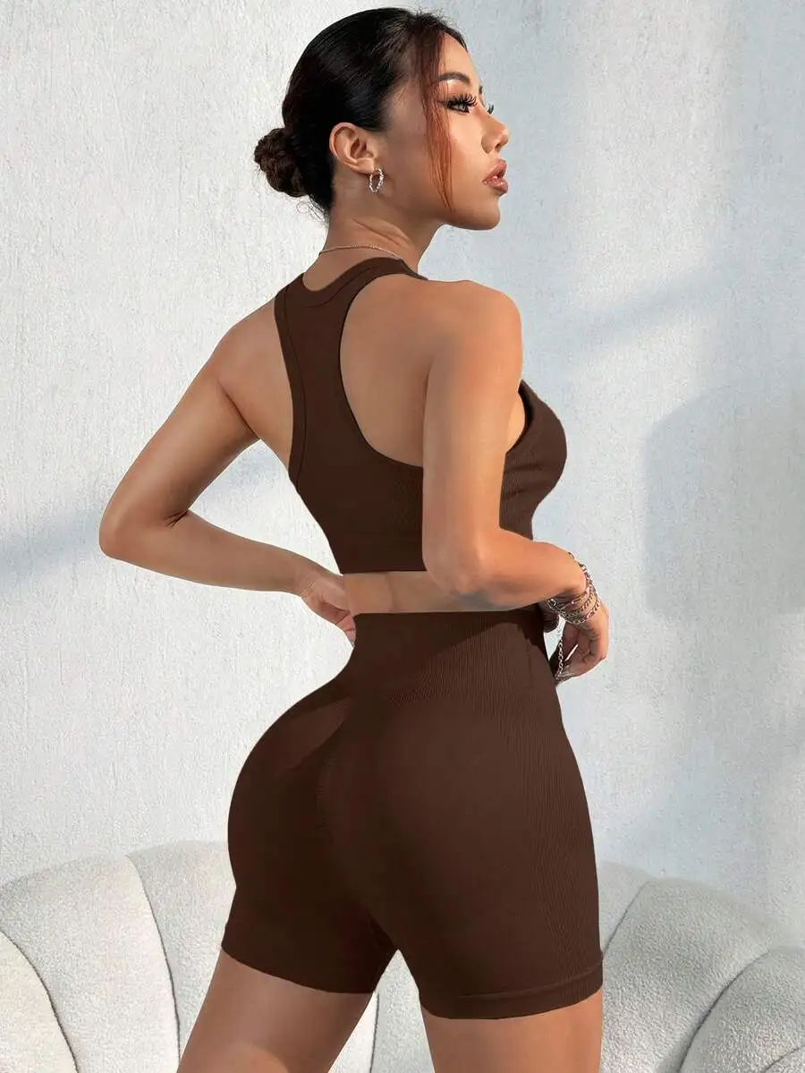Brown Ribbed Crop Tank Top And High Waist Biker Shorts Two Piece Activewear Set For Women
Brown Ribbed Crop Tank Top And High Waist Biker Shorts Two Piece Activewear Set For Women