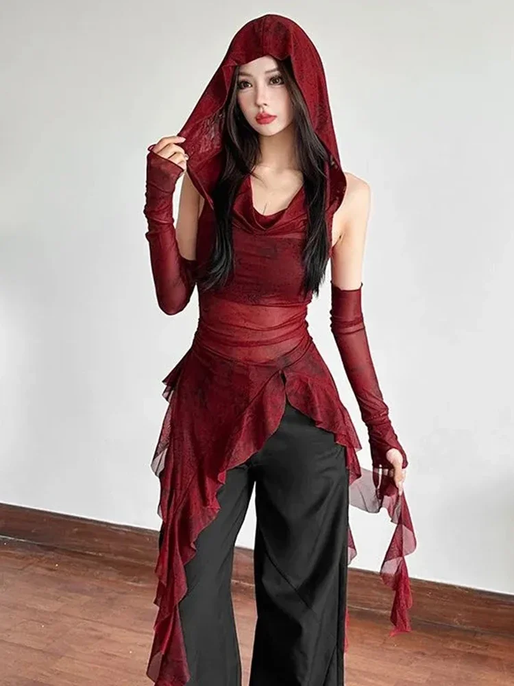 Vintage Gothic Hooded T Shirts Women Sexy See Through Slim Y2K Tees Streetwear Harajuku with Sleeves Female Irregular Tops
Vintage Gothic Hooded T Shirts Women Sexy See Through Slim Y2K Tees Streetwear Harajuku with Sleeves Female Irregular Tops