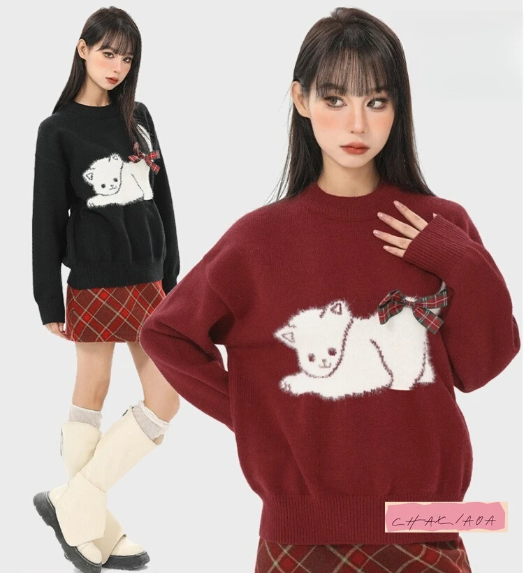 New Years Christmas Wear Red and Black Kitten Knitted Sweater Womens Autumn and Winter Japanese Lazy Interior Bottom Shirt Top
New Years Christmas Wear Red and Black Kitten Knitted Sweater Womens Autumn and Winter Japanese Lazy Interior Bottom Shirt Top