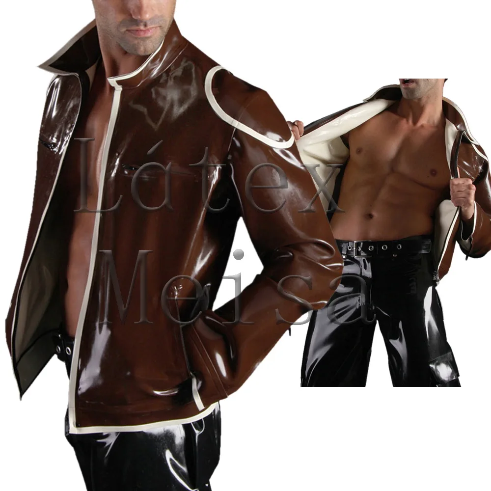 0.4mm thickness two layers latex jacket men brown patchwork white color and attached pockets decorations
0.4mm thickness two layers latex jacket men brown patchwork white color and attached pockets decorations