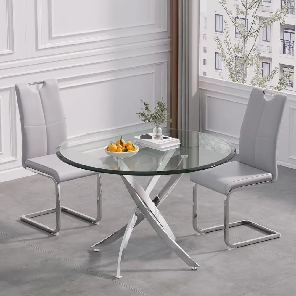 Compact 3-Piece Dining Set with Round Glass Table and 2 Grey Leather Chairs for Small Spaces and Breakfast Nooks
Compact 3-Piece Dining Set with Round Glass Table and 2 Grey Leather Chairs for Small Spaces and Breakfast Nooks
