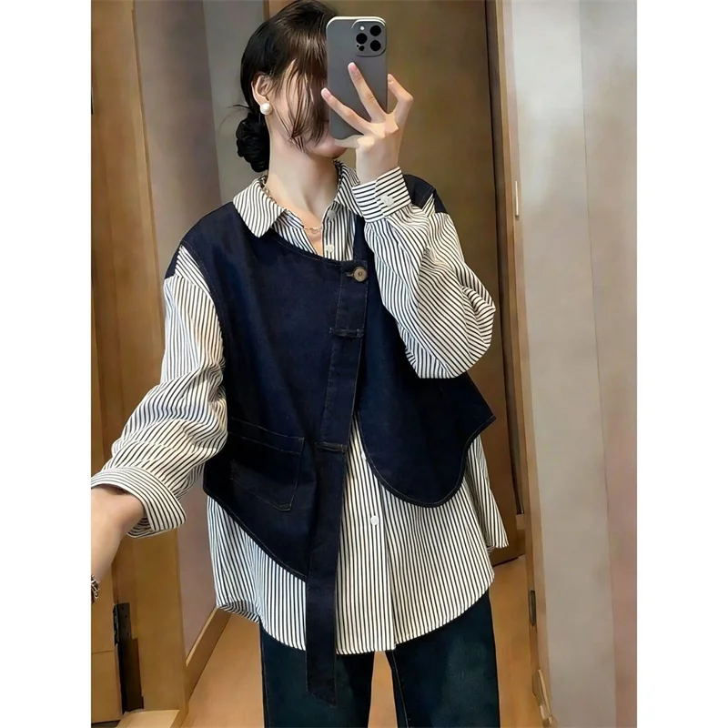 Female Long Sleeved Casual T-Shirt French Ladies Patchwork Cardigan Blouse Summer Women Fashion False Two Piece Cowboys Shirts
Female Long Sleeved Casual T-Shirt French Ladies Patchwork Cardigan Blouse Summer Women Fashion False Two Piece Cowboys Shirts