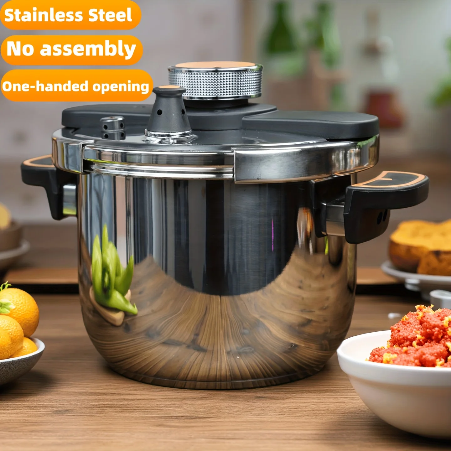 One-Touch Stainless Steel Pressure Cooker with One-Hand Operation & Locking Lid - Induction & Gas Stove Compatible, Fast Heating
One-Touch Stainless Steel Pressure Cooker with One-Hand Operation & Locking Lid - Induction & Gas Stove Compatible, Fast Heating