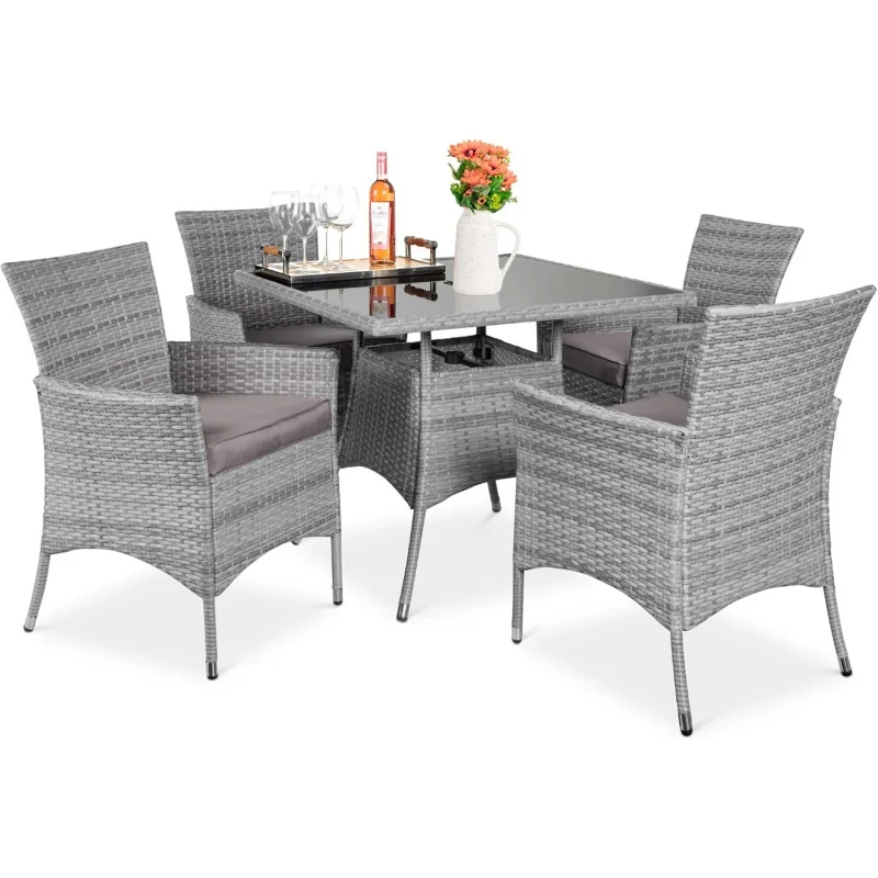 5-Piece Gray Wicker Dining Set, Square Glass Table with Hole + 4 Chairs Patio Indoor/Outdoor
5-Piece Gray Wicker Dining Set, Square Glass Table with Hole + 4 Chairs Patio Indoor/Outdoor