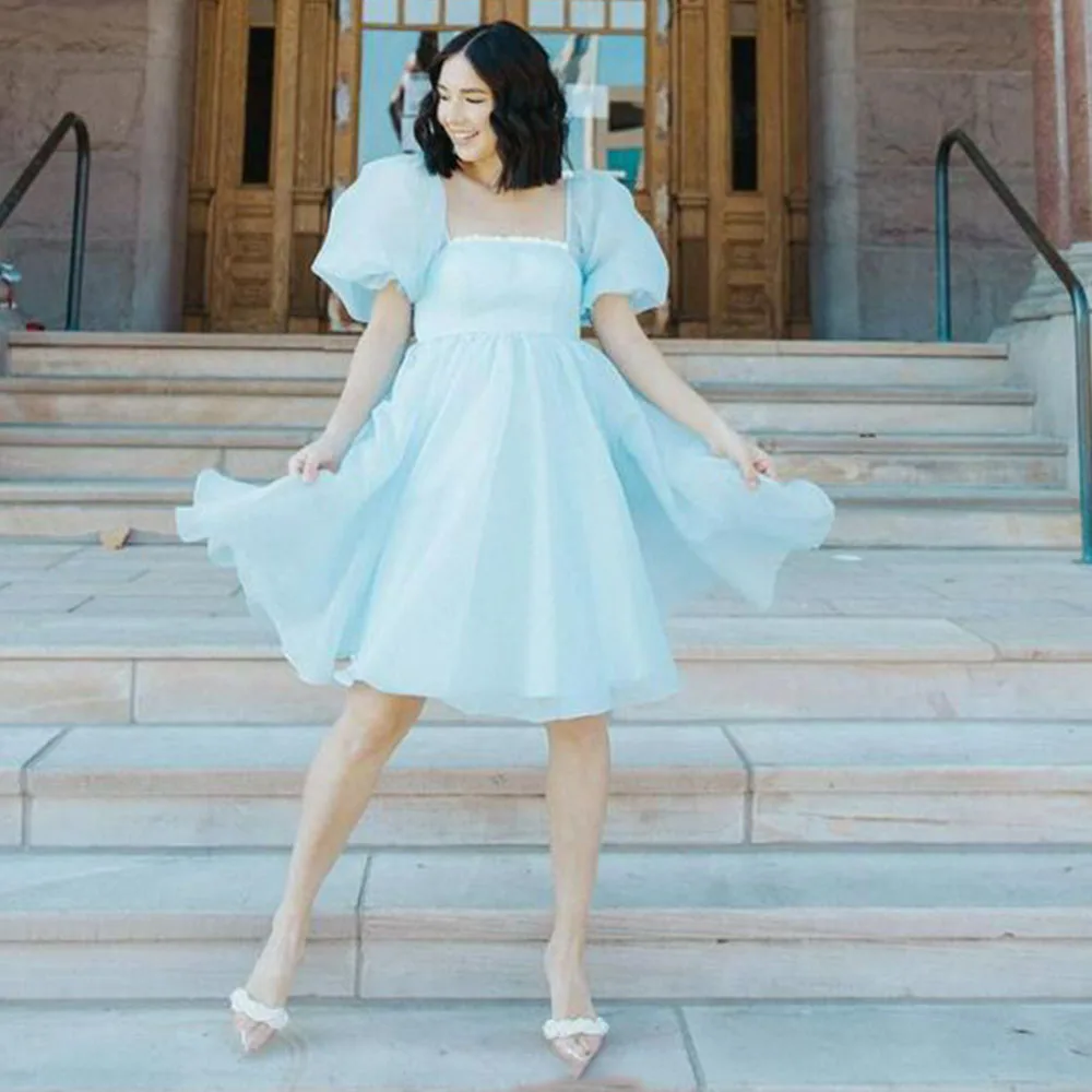 Eeqasn Simple Light Blue Midi Prom Dresses Short Sleeve Organza Knee Length Prom Gowns Square Collar Simple Wedding Party Dress
Eeqasn Simple Light Blue Midi Prom Dresses Short Sleeve Organza Knee Length Prom Gowns Square Collar Simple Wedding Party Dress